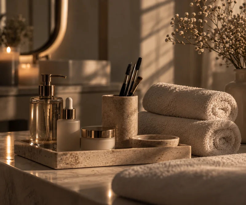 Ambiance beauté : produits, pinceaux et serviettes en lumière chaude