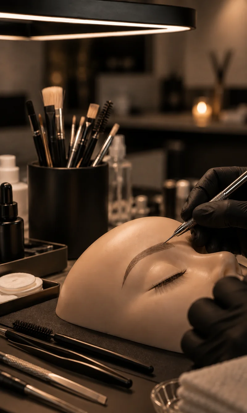 Illustration pédagogique : travail du sourcil sur un mannequin